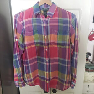 LRL Bright Plaid Long / Roll Tab Sleeve Lightweight Casual Button Down S…